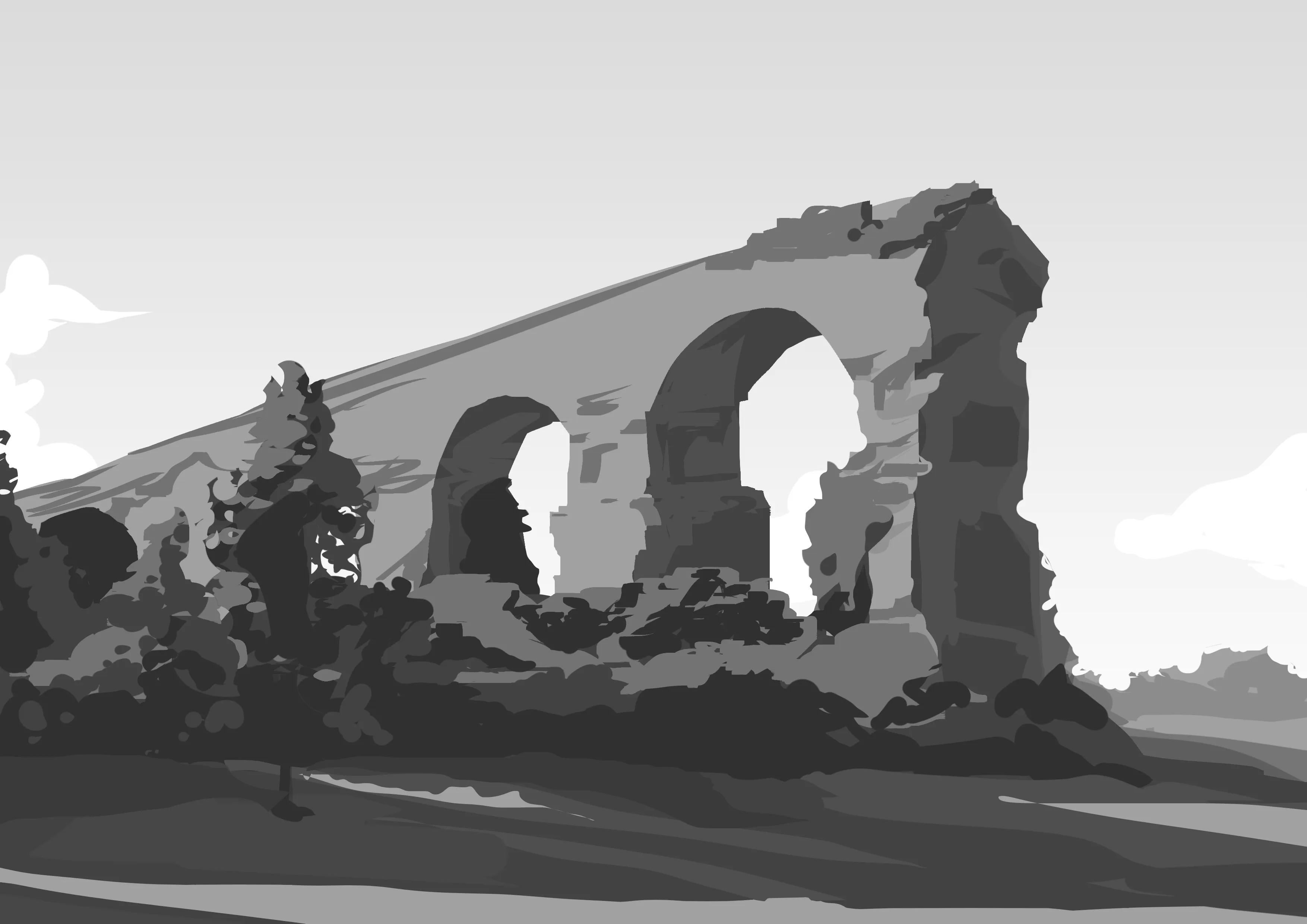 Ruined aqueduct arches among trees, grayscale value study