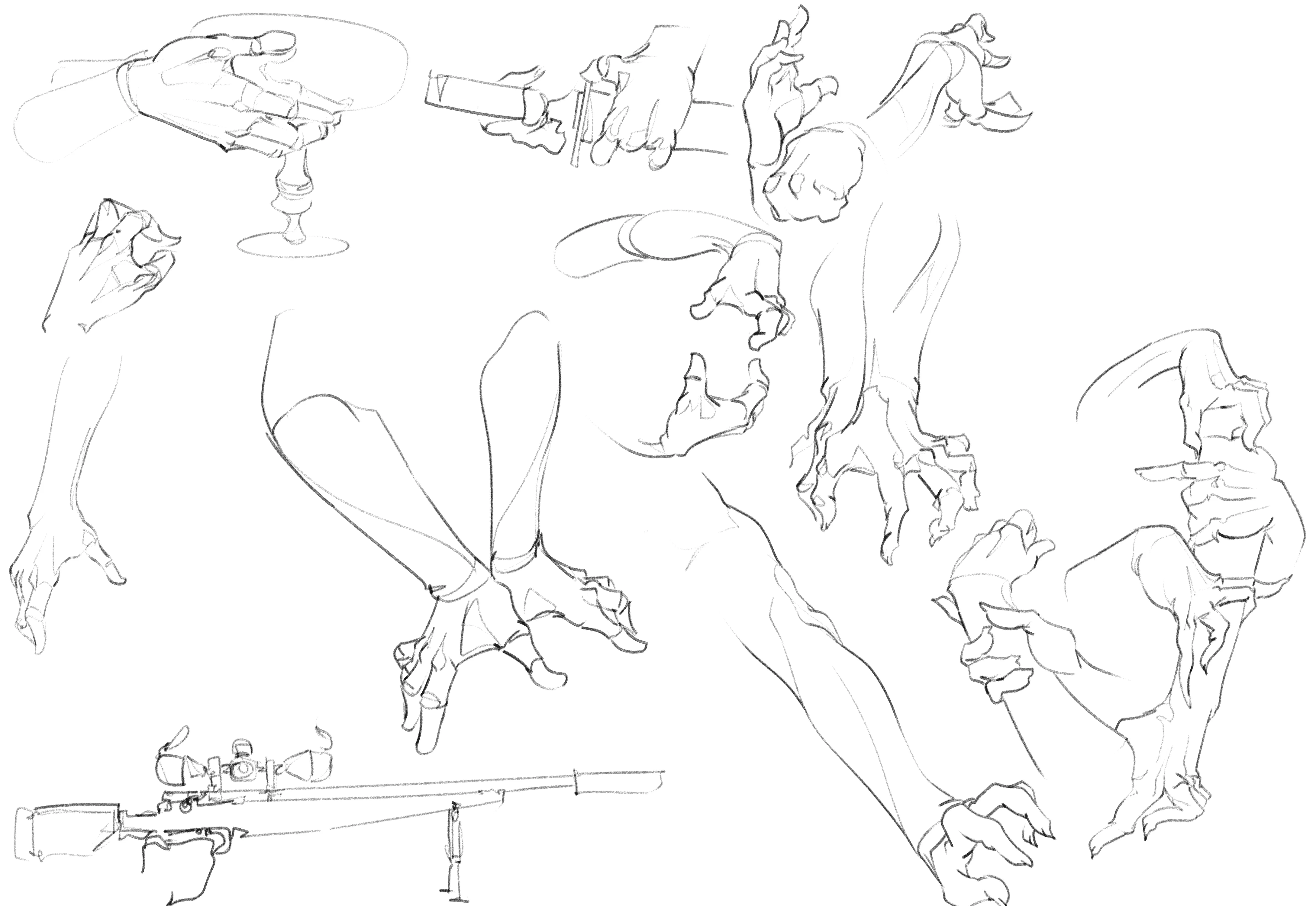 Action poses of figures aiming a rifle, line drawing