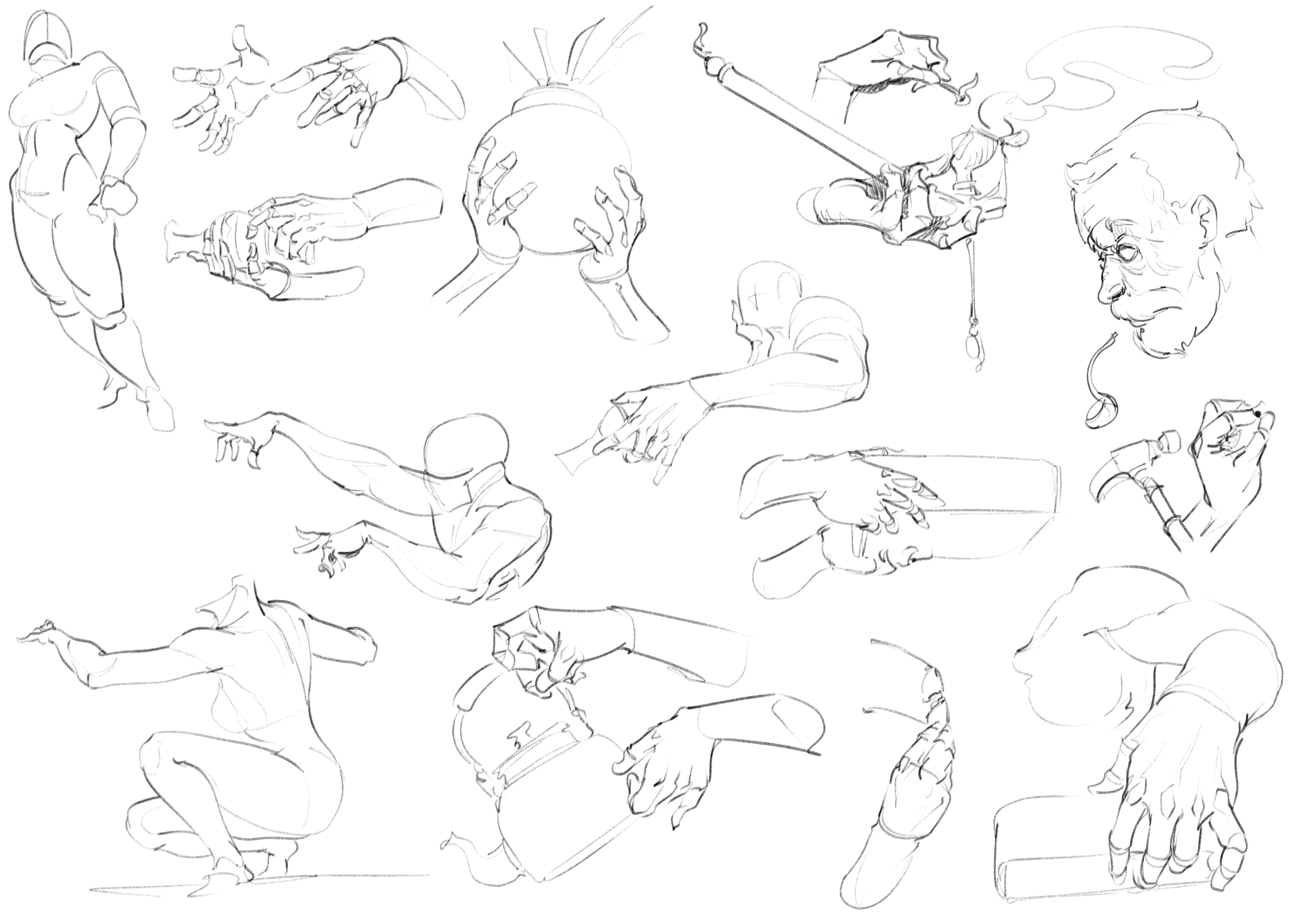 Action poses of figures holding weapons, line drawing with detailed hands