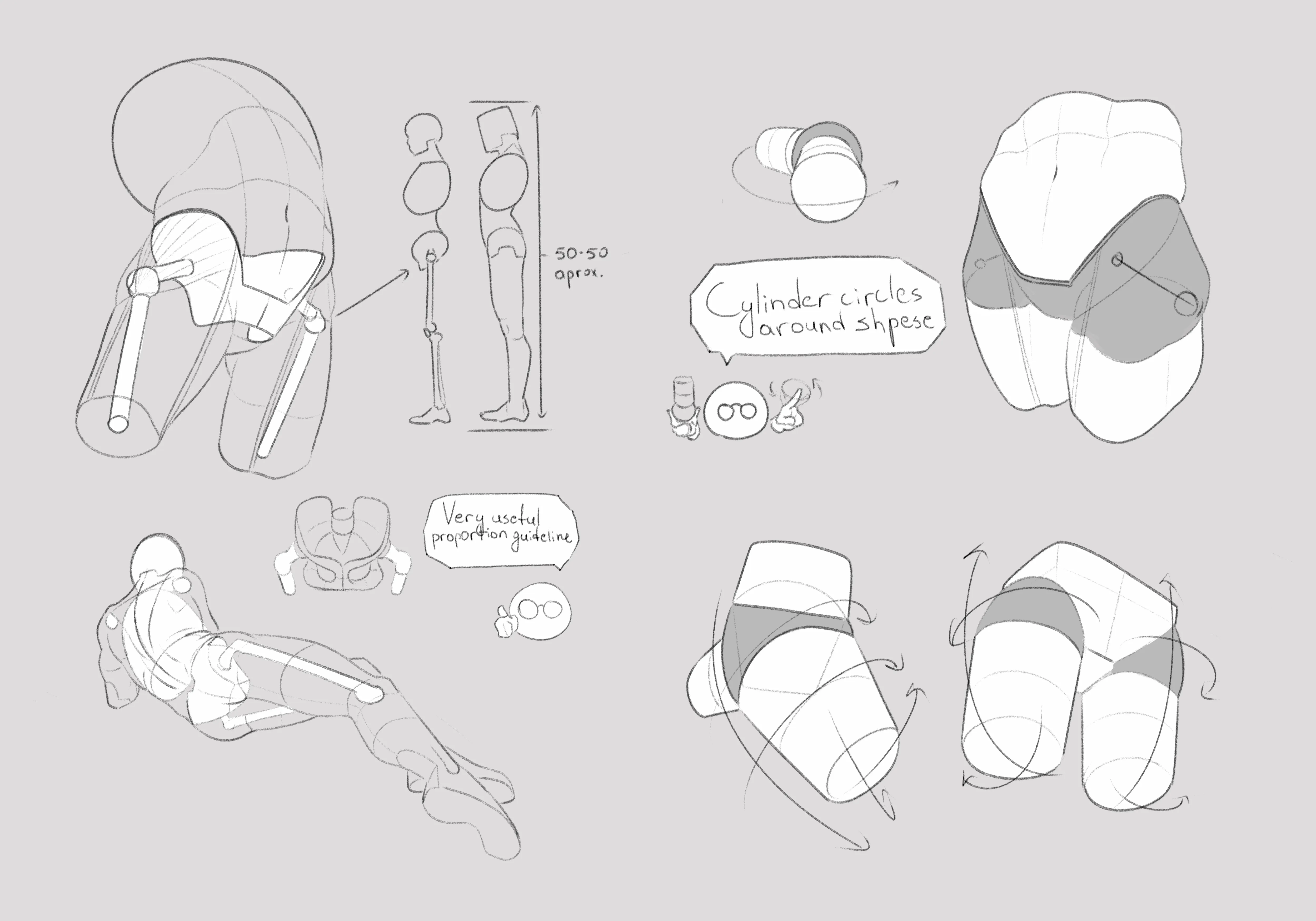 Anatomy forms sheet with cylinders, spheres and handwritten notes, on grey