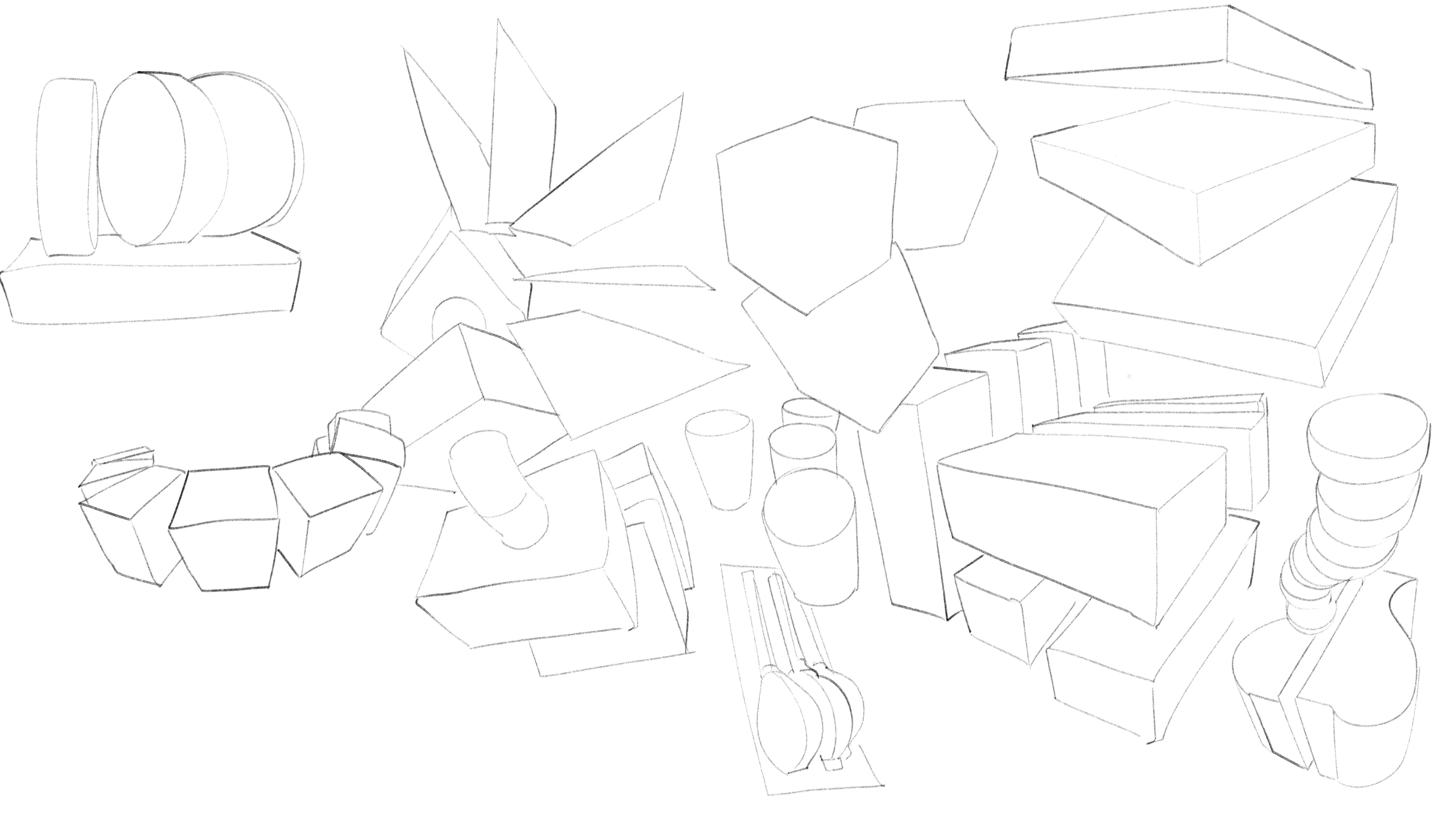 Box and form perspective studies in line