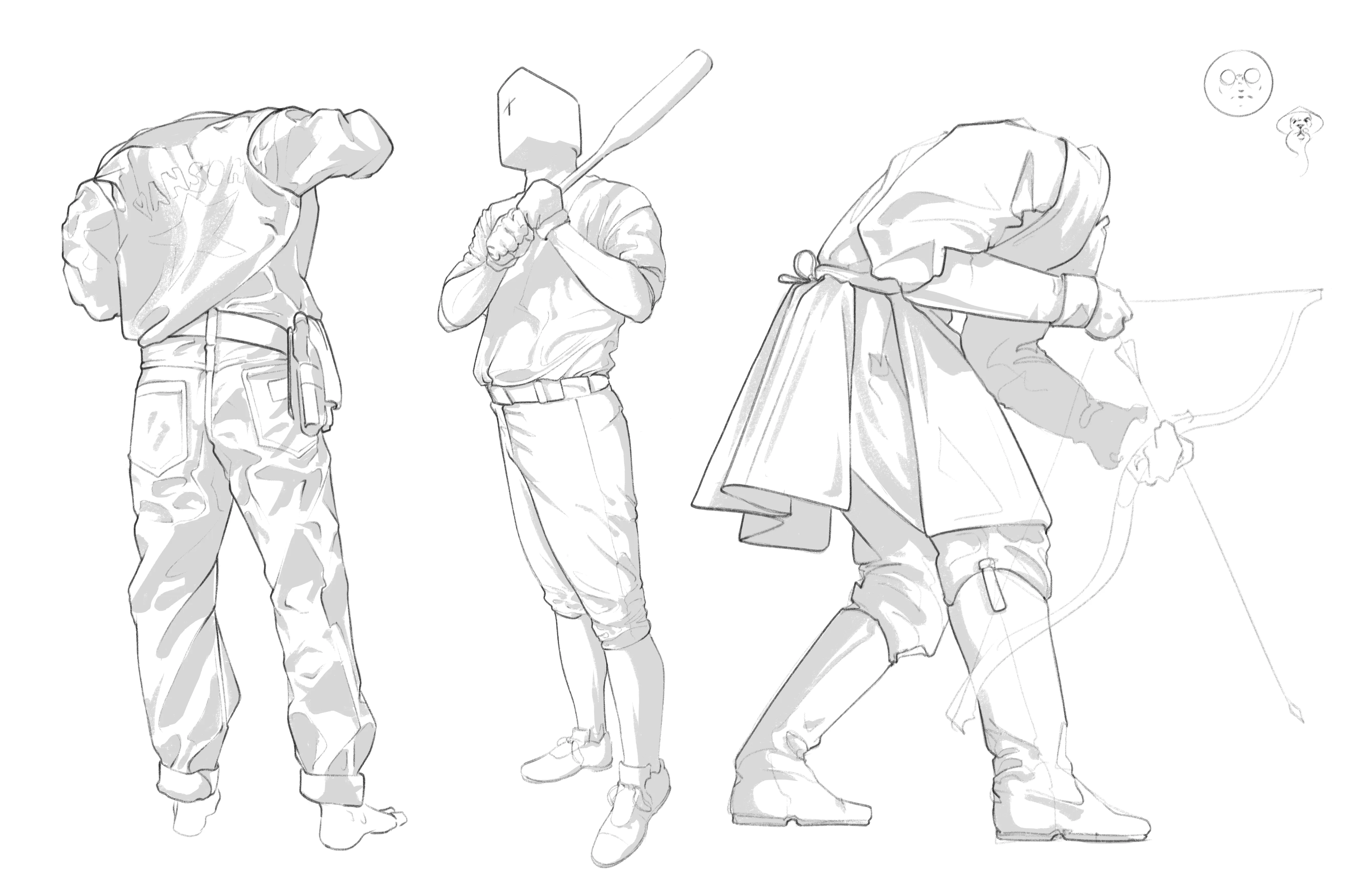 Three clothed standing figures in line with light grey values