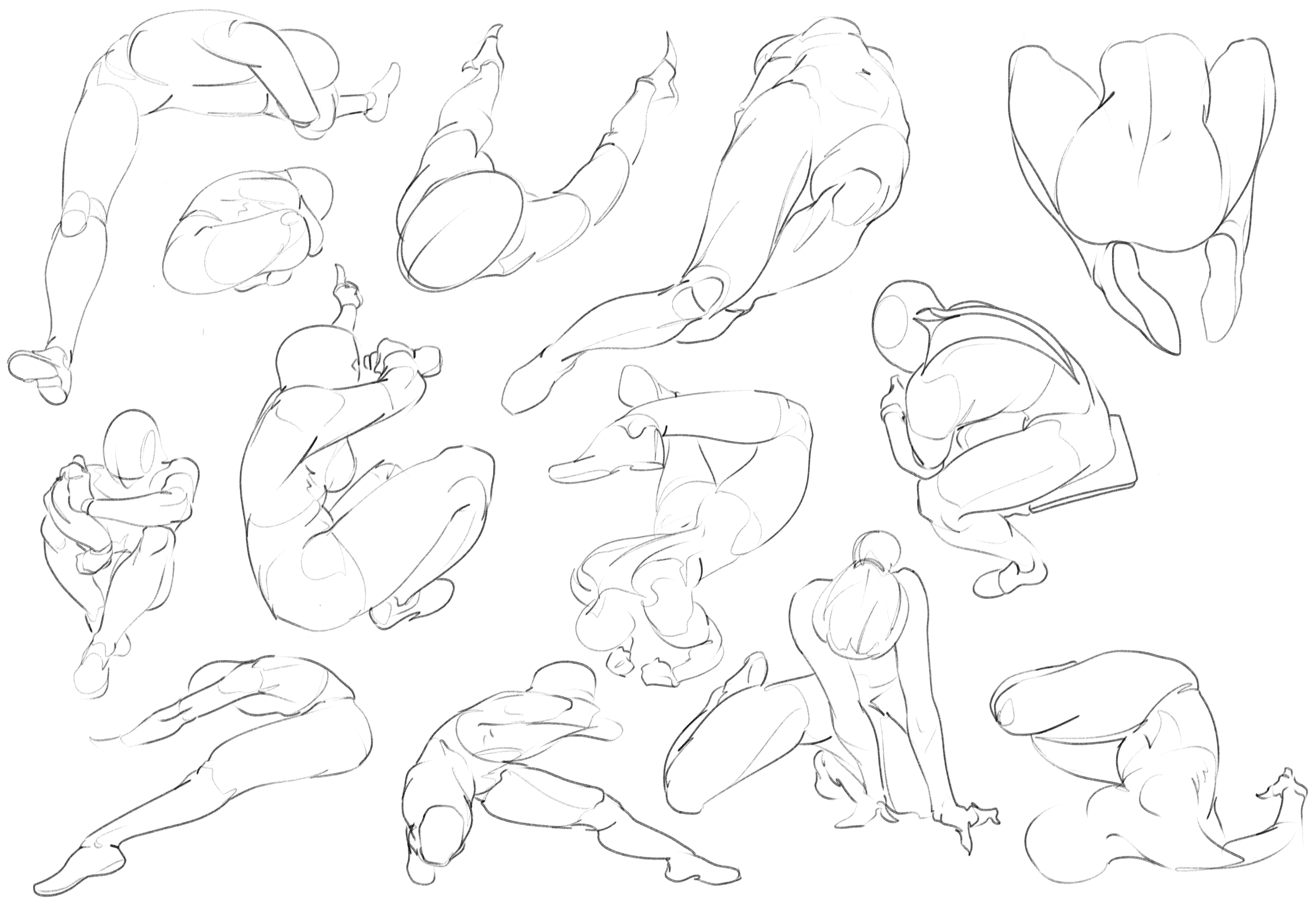 Many crouching and kneeling gesture drawings in line