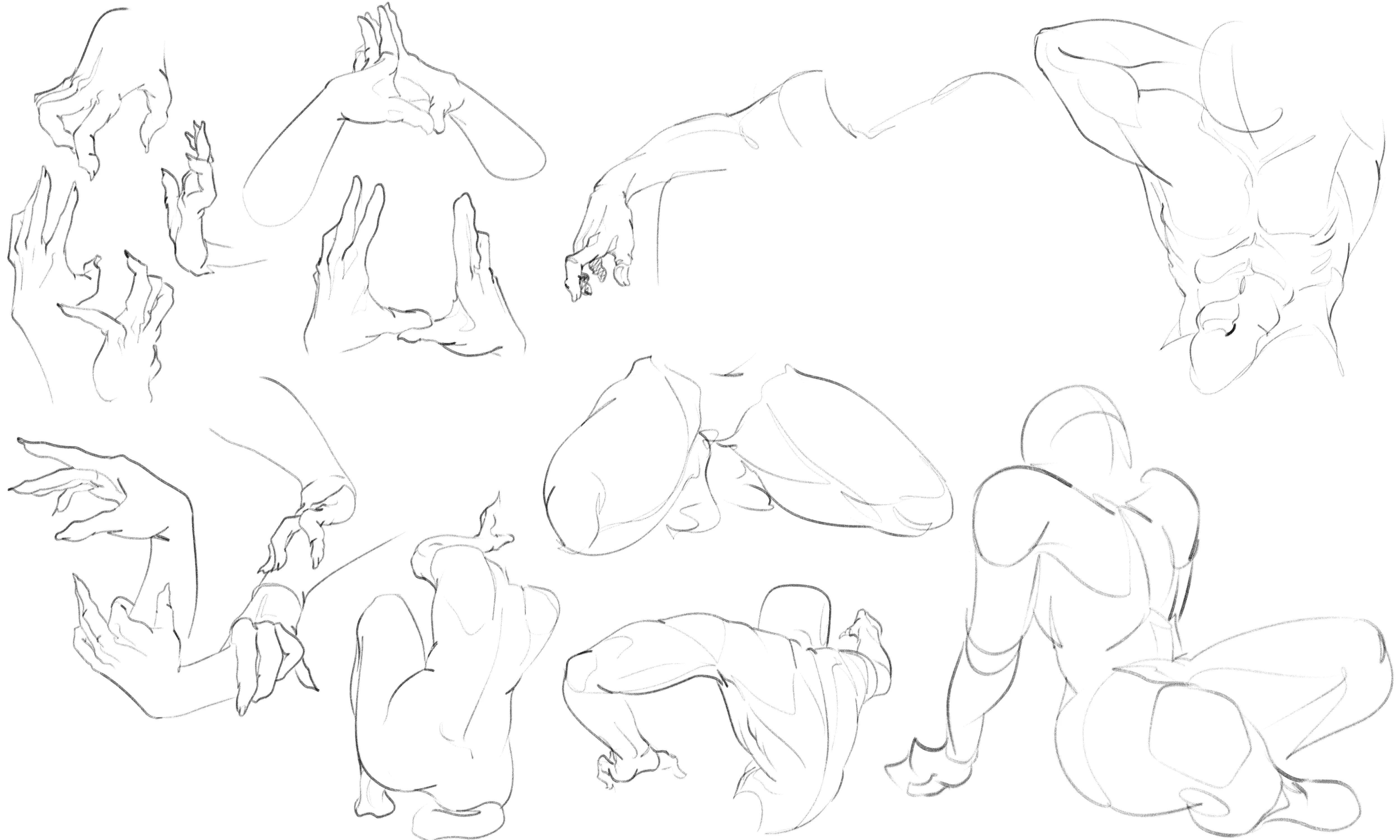 Page of dozens of quick line gesture drawings of figures in different poses