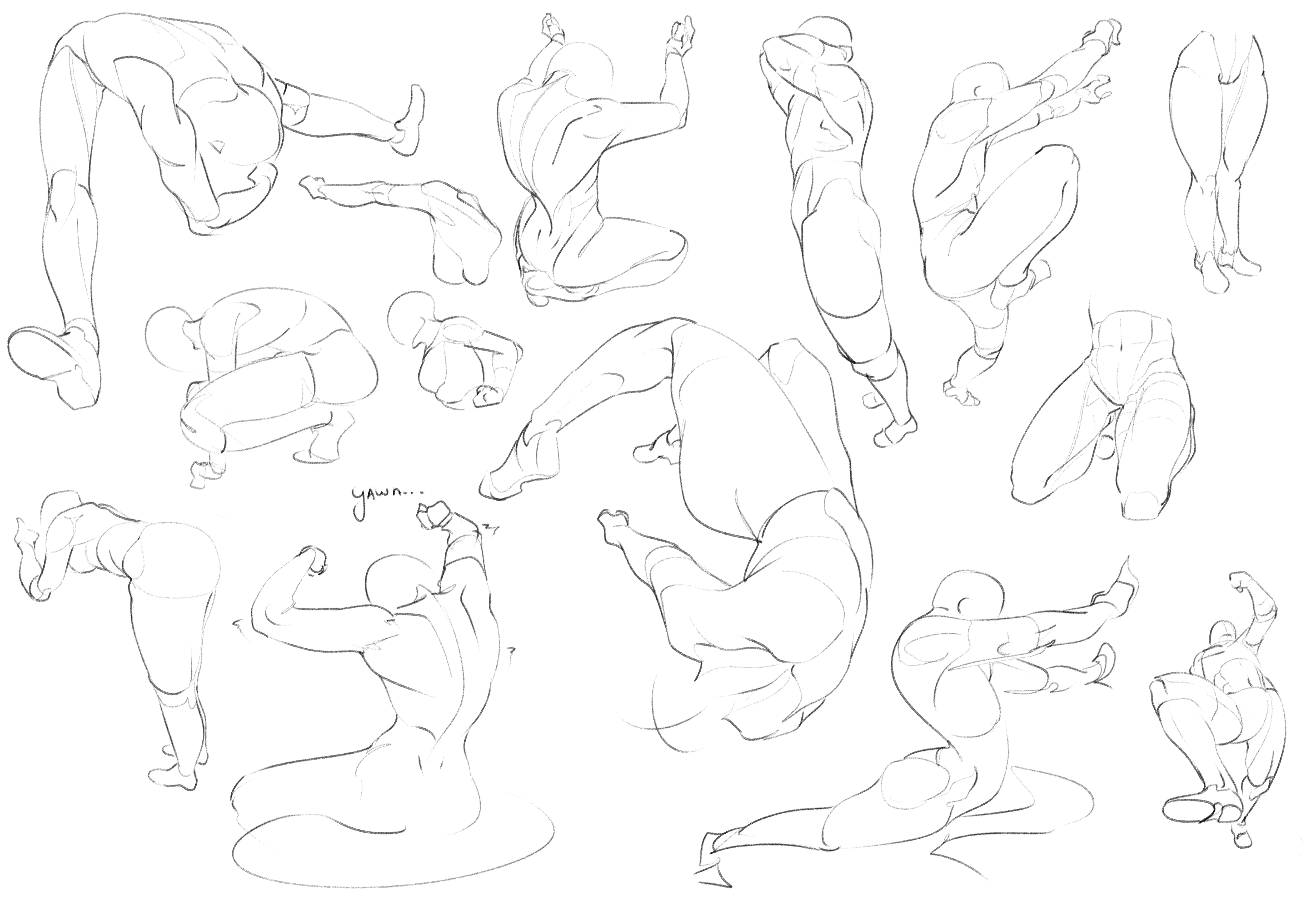 Page of quick line gesture drawings of figures in many poses
