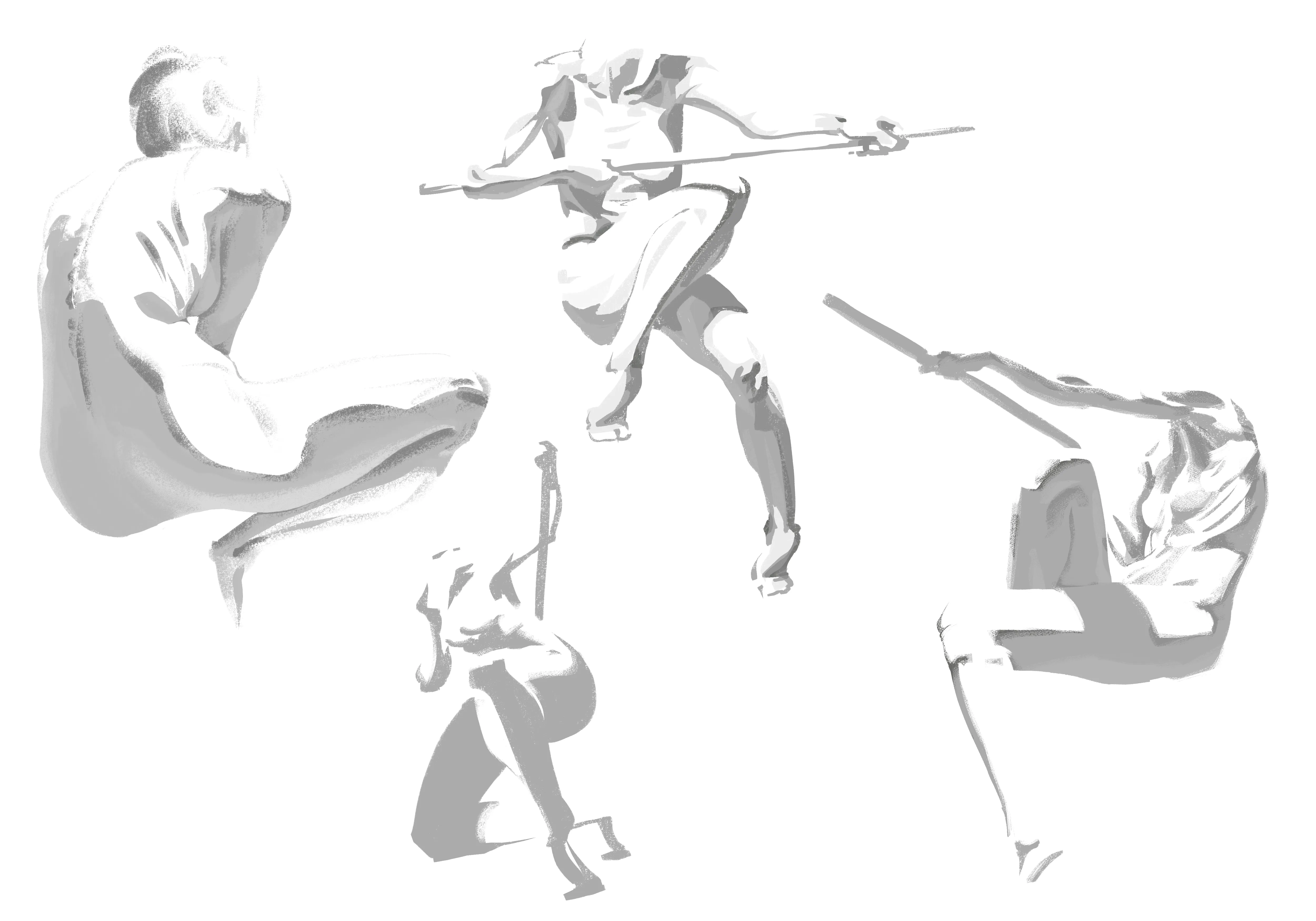 Dynamic gesture figures blocked in with flat grey values
