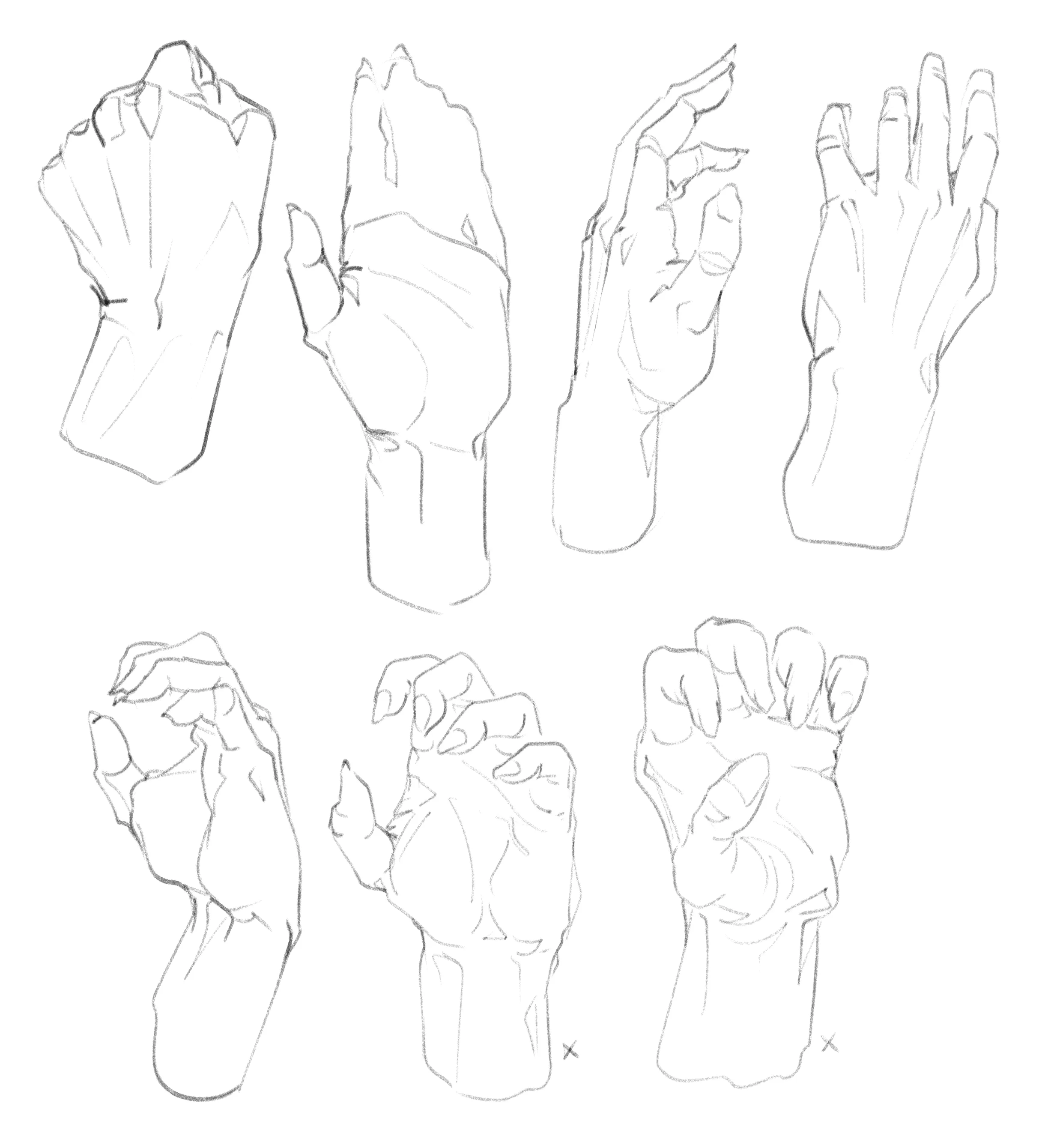 Studies of hands in line: fists, open palms and gripping poses