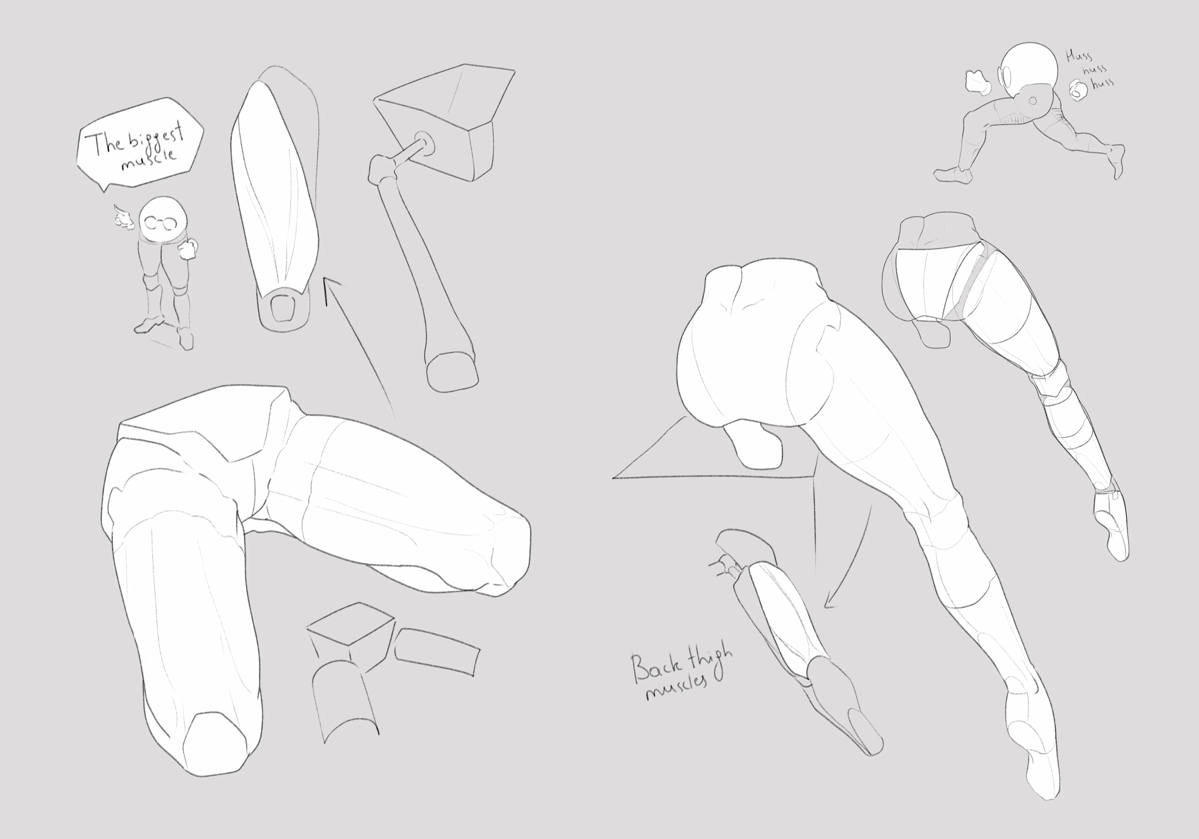 Limb forms and drapery studies with handwritten notes, on grey