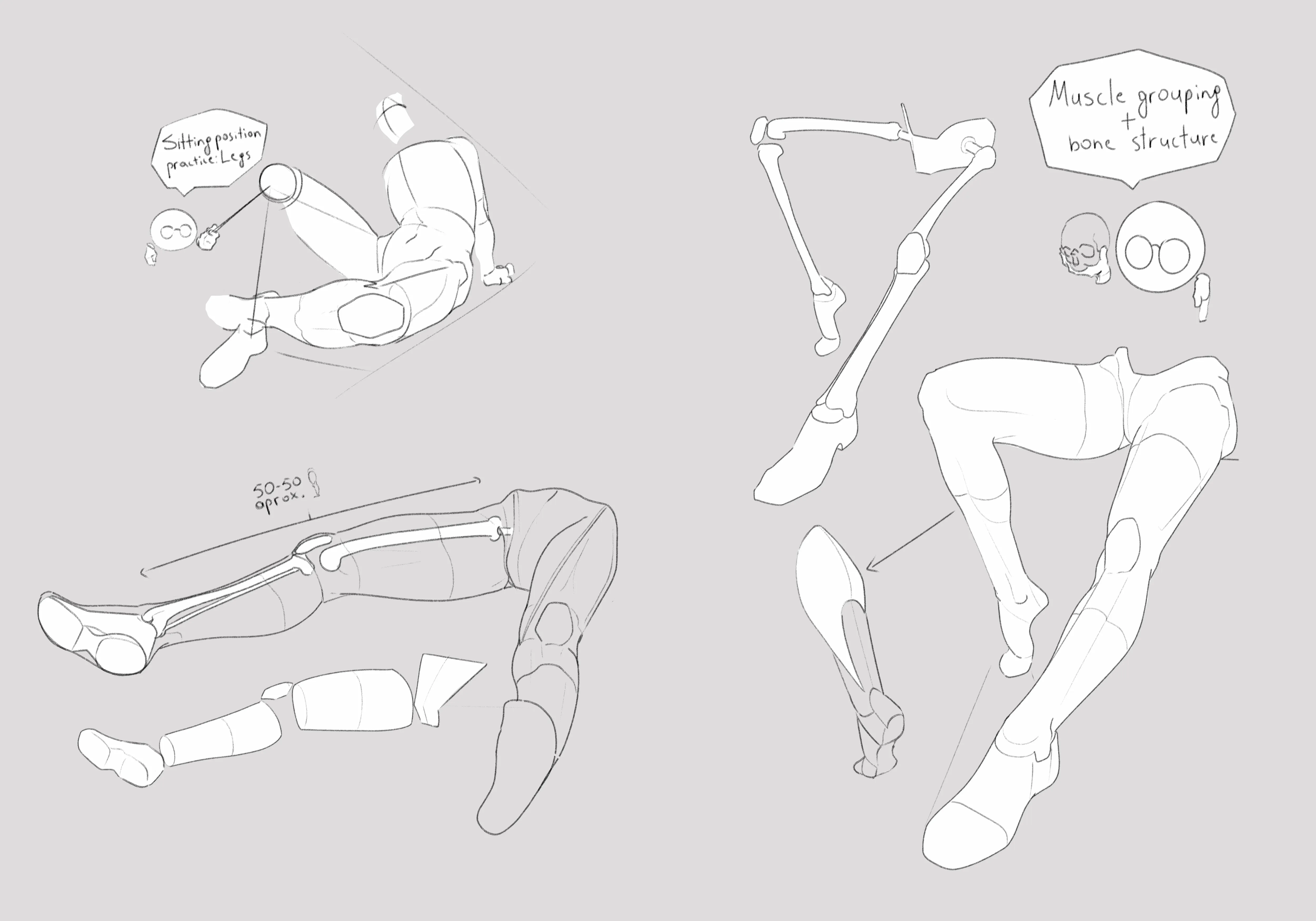 Figures in motion with handwritten notes, on grey