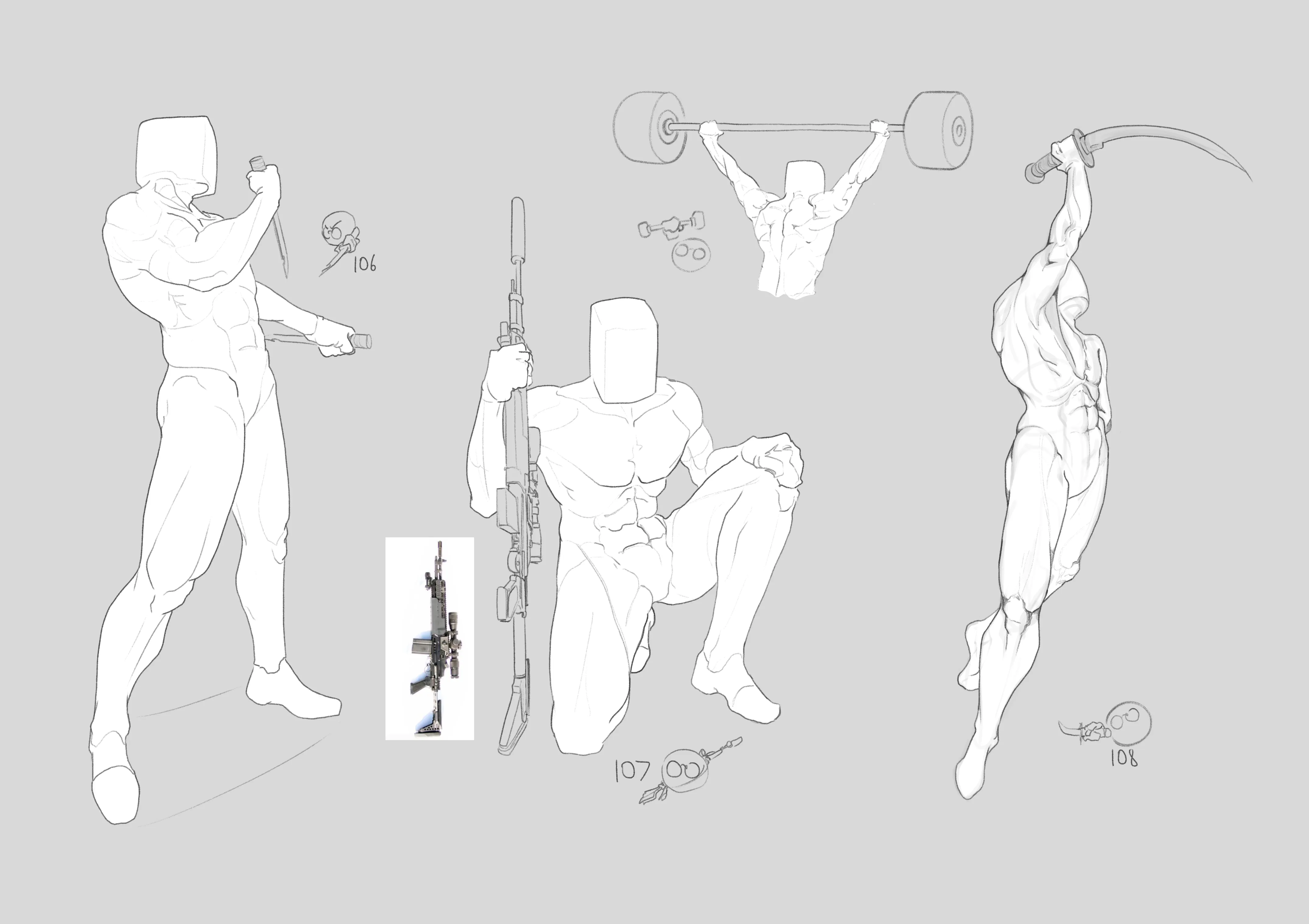 Figures holding a barbell, a rifle and other props, on grey
