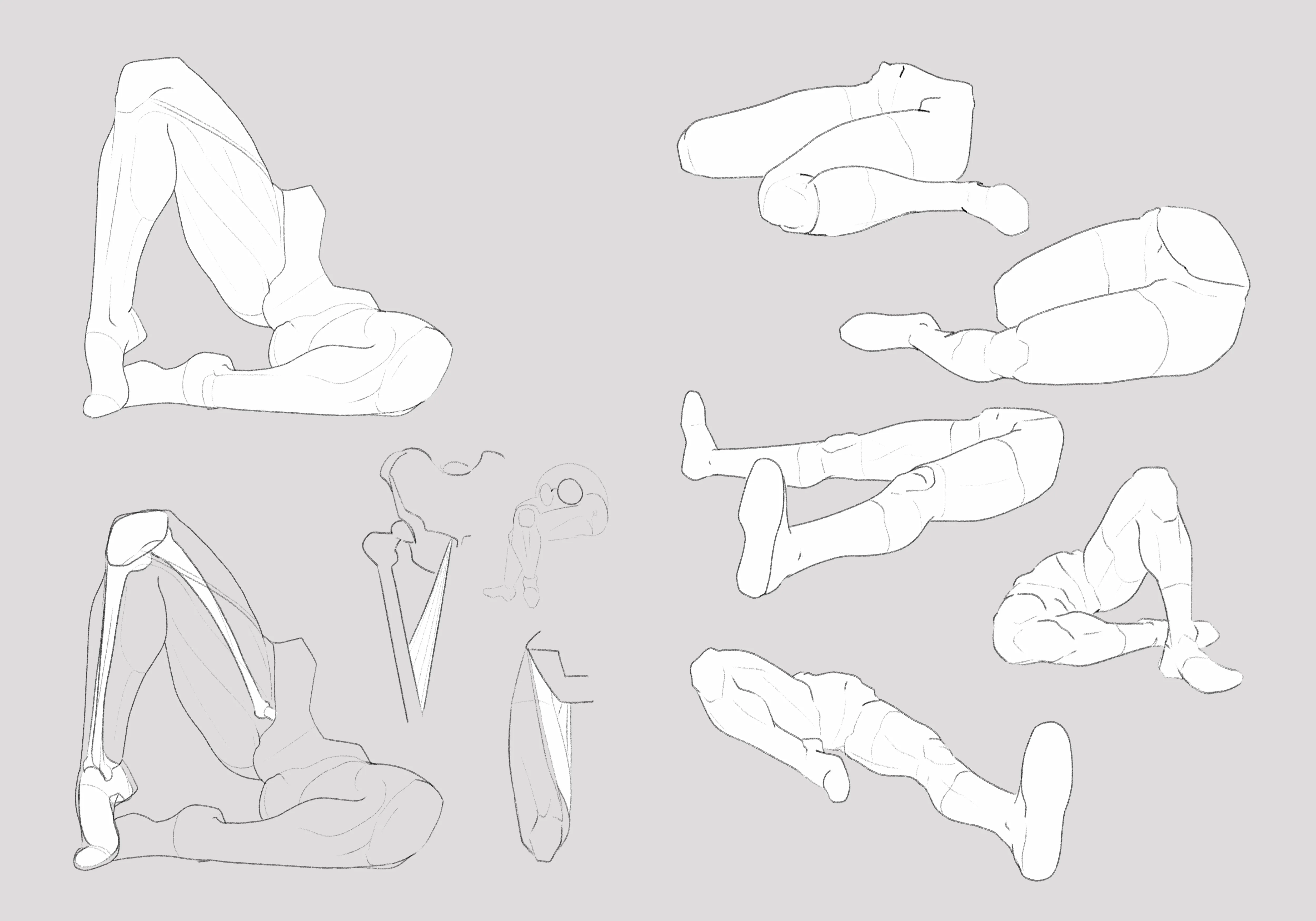 Reclining and twisting figures, on grey