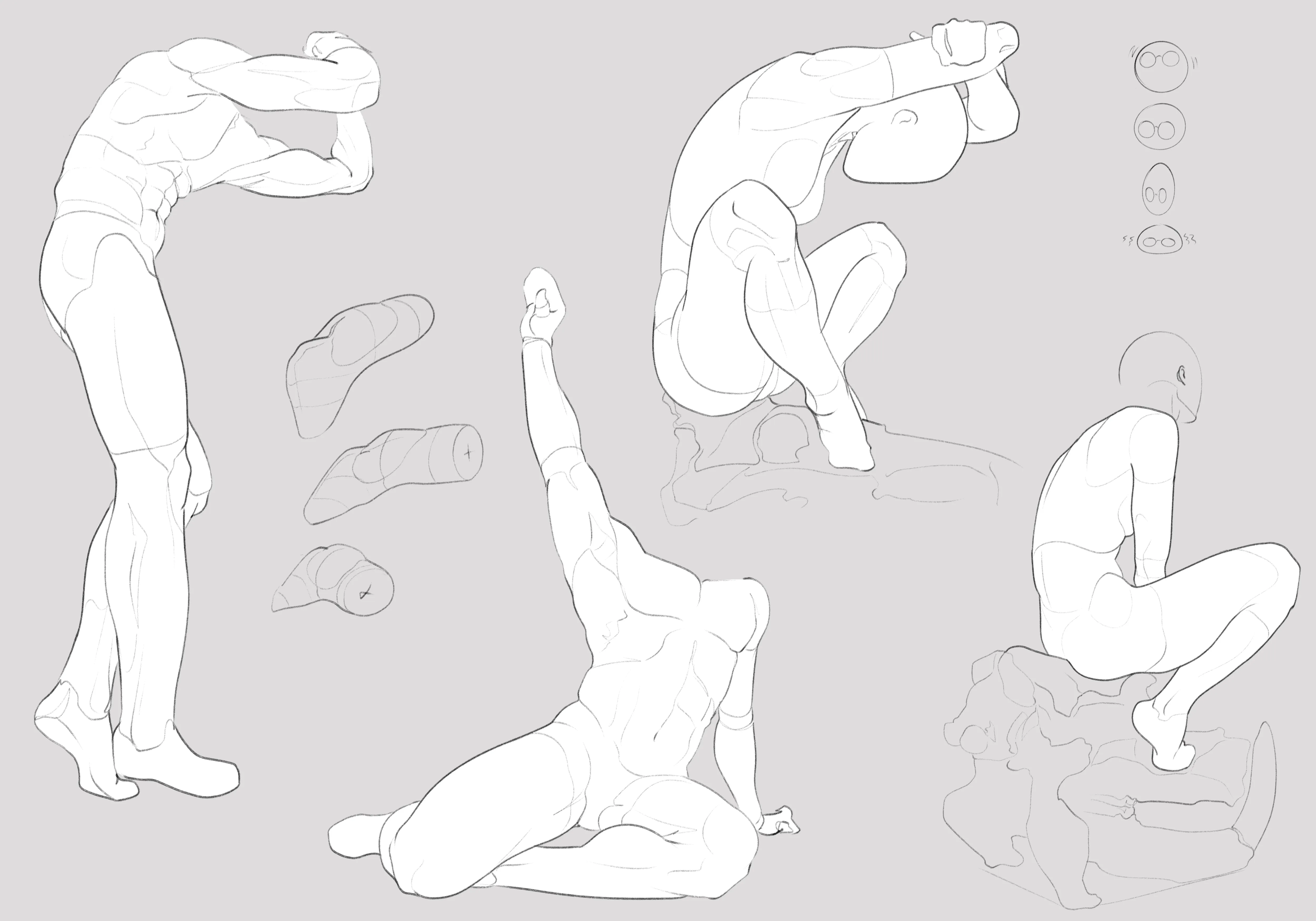 Seated and stretching figure studies, on grey