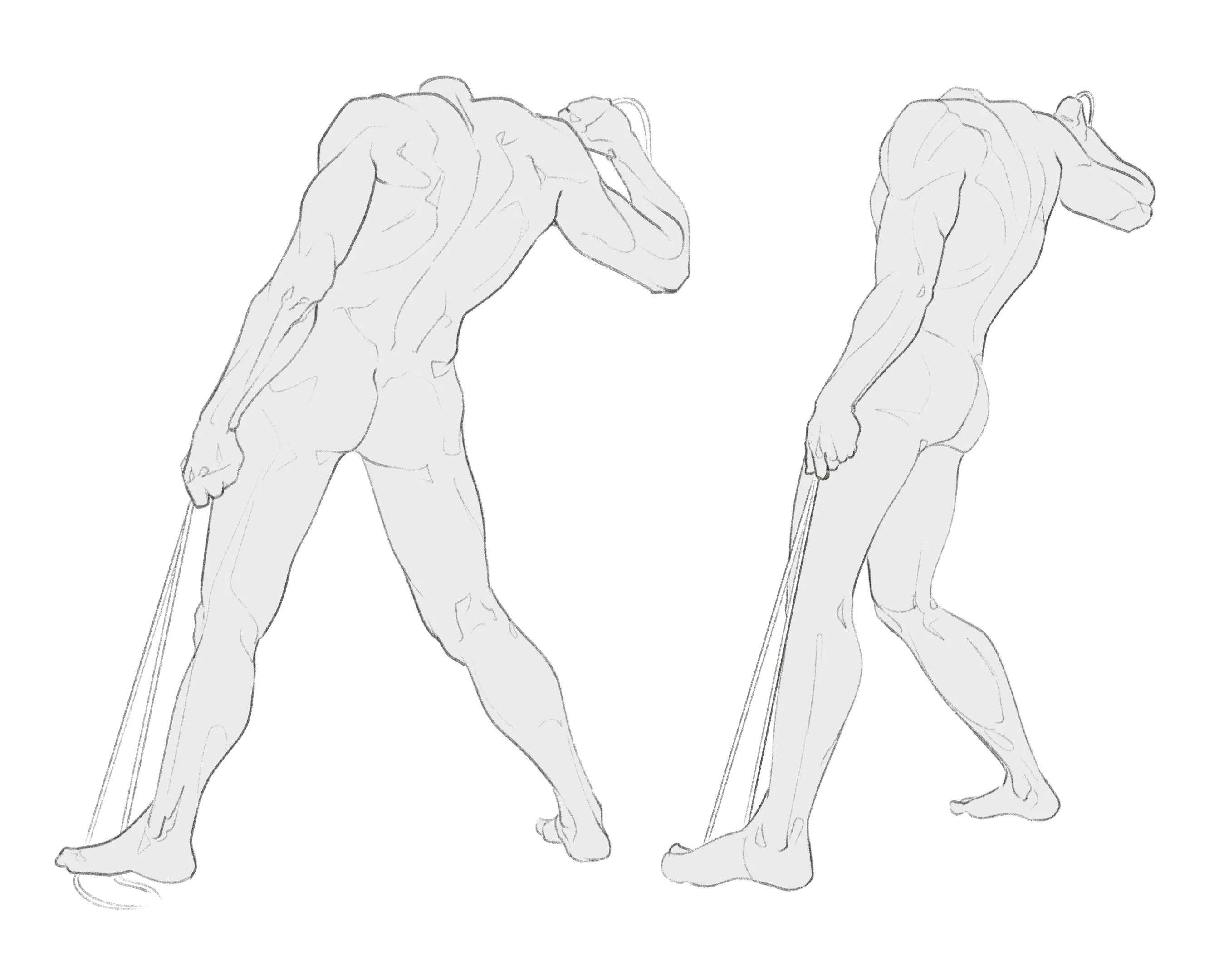 Two standing figures seen from the back and side, line with soft shading
