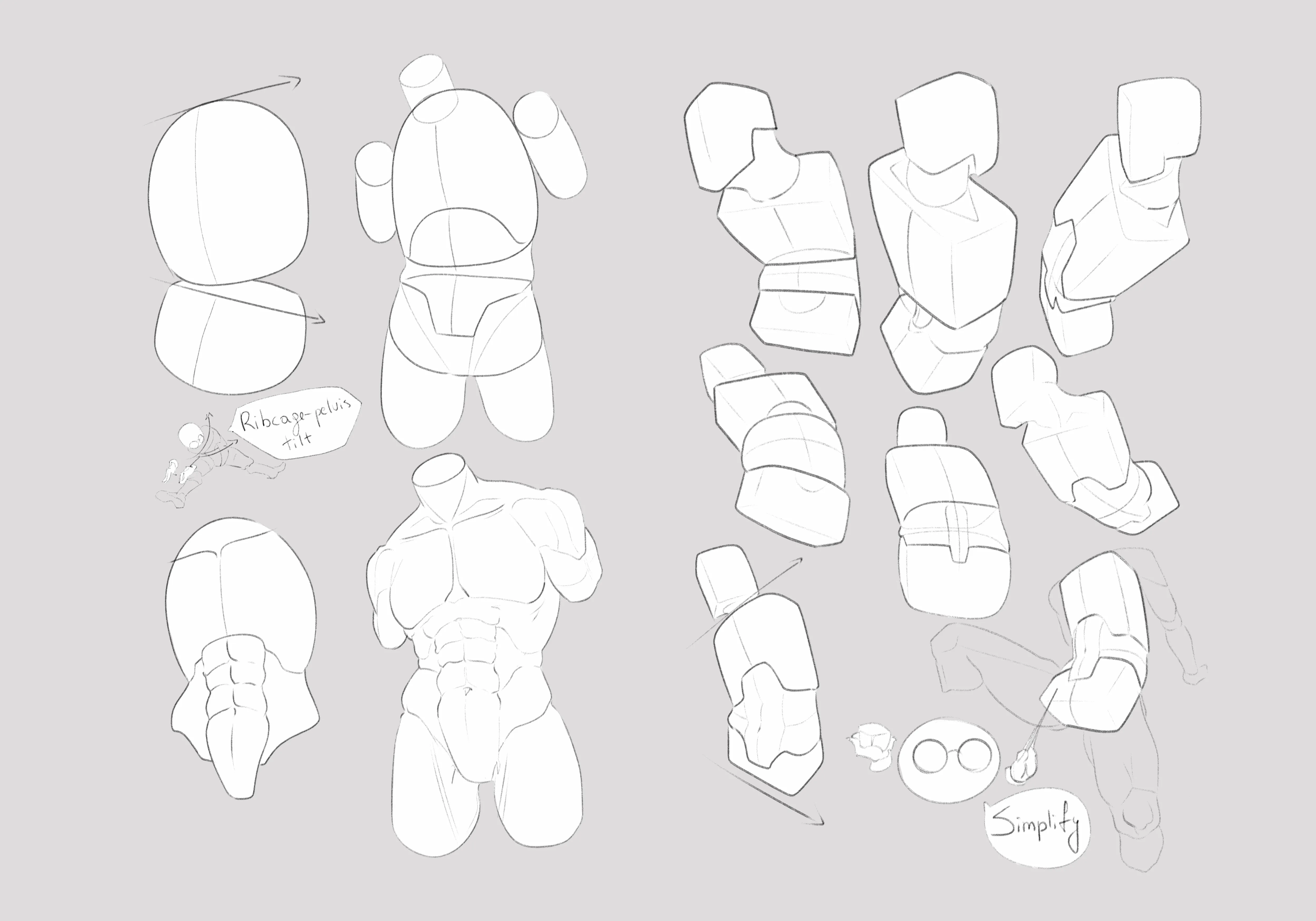 Study sheet of torsos simplified into box forms, on grey