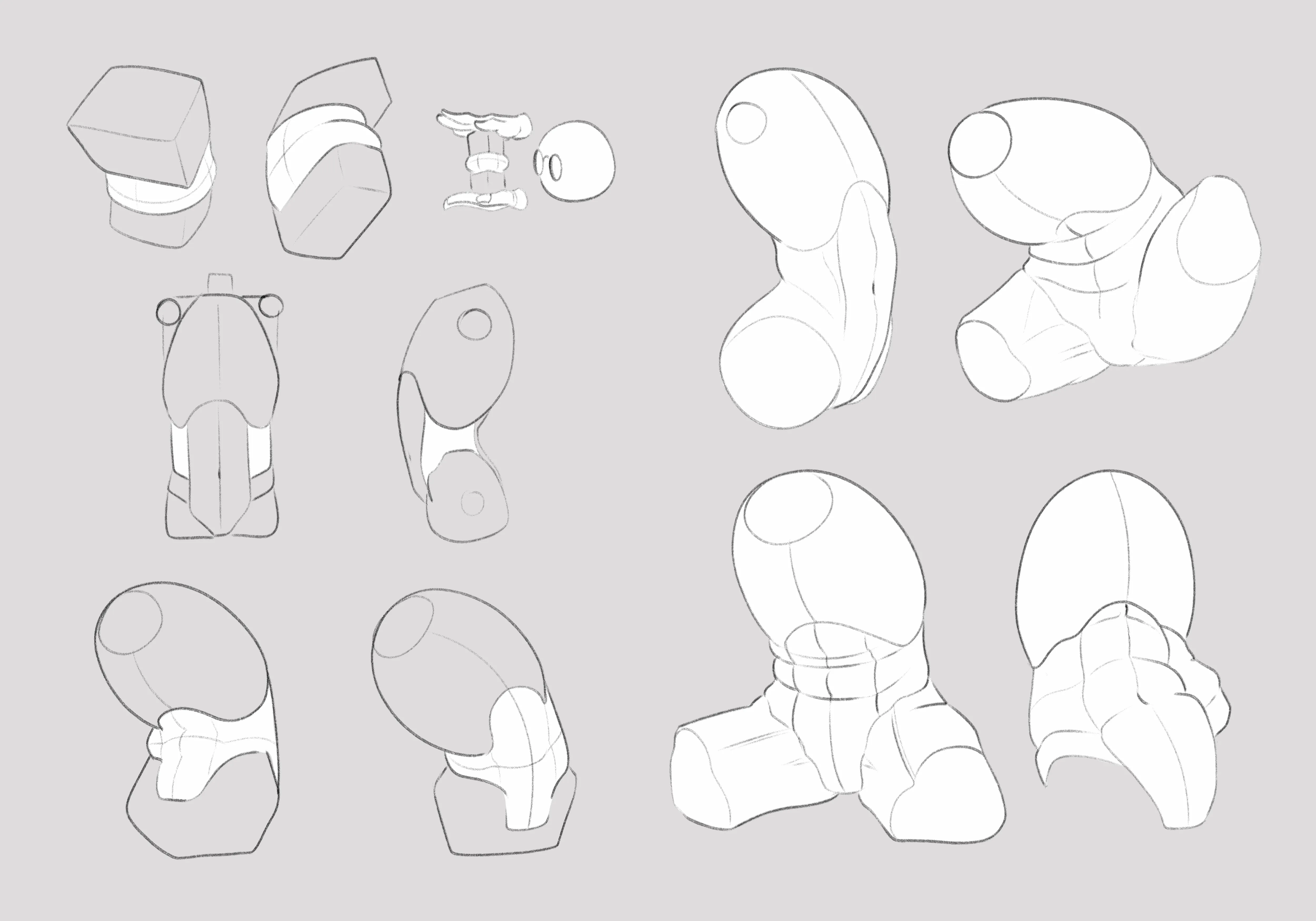 Torso and pelvis simplified into construction forms, on grey