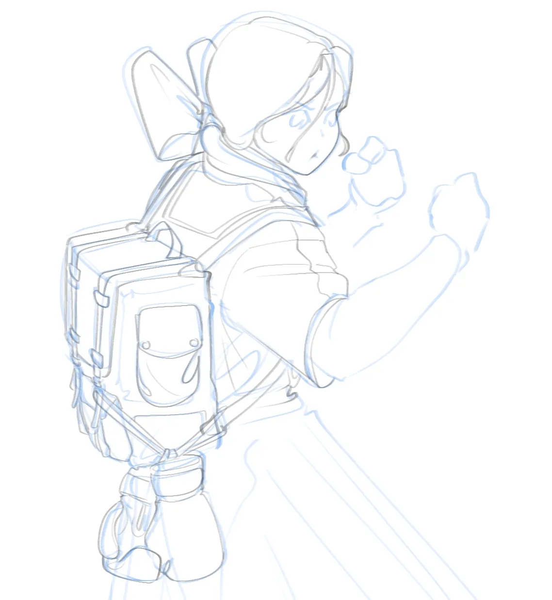 Character with a backpack in a boxing stance, loose blue construction sketch