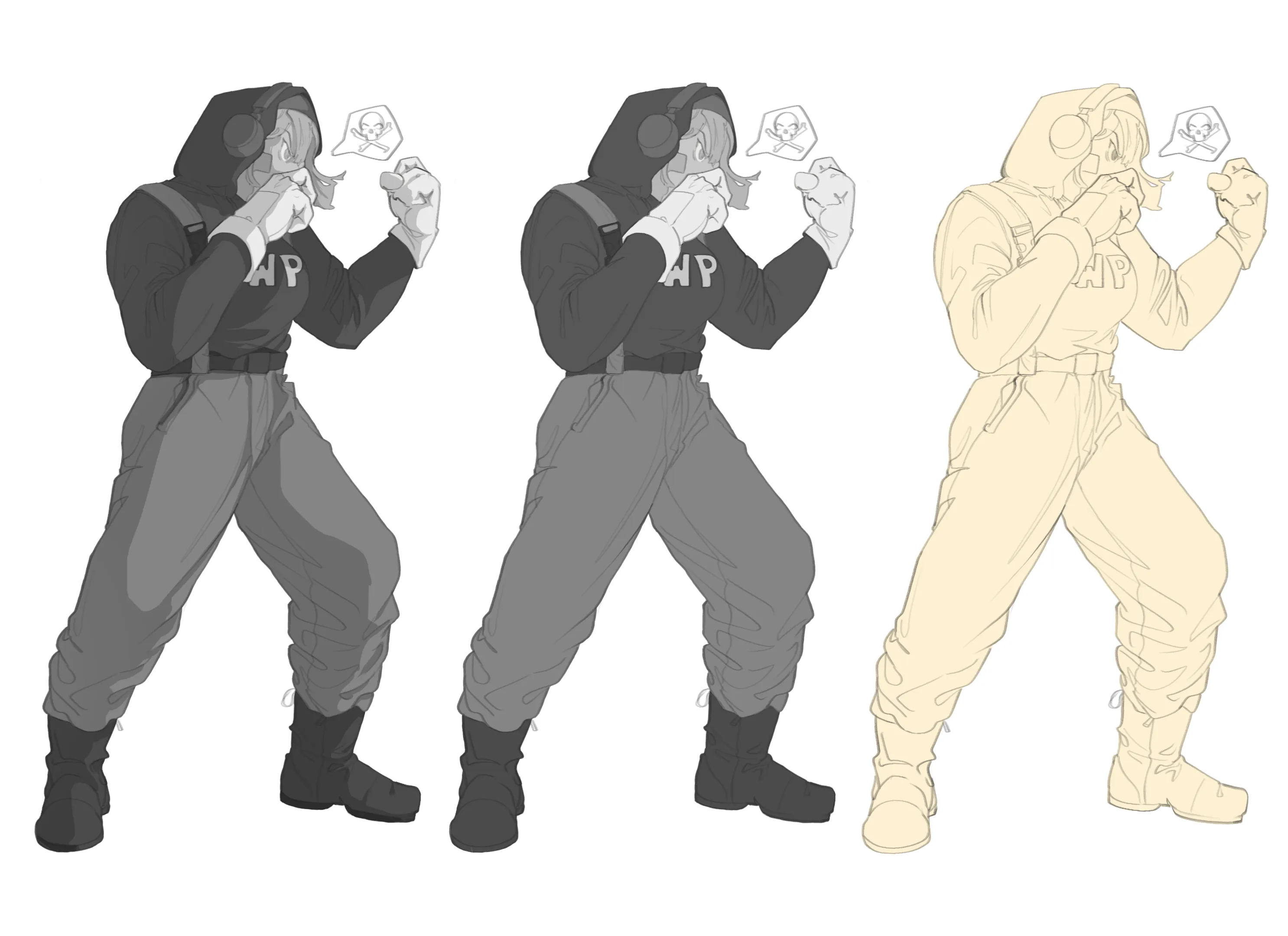 Boxer character rendered three times: dark grey values, lighter values and colour flats