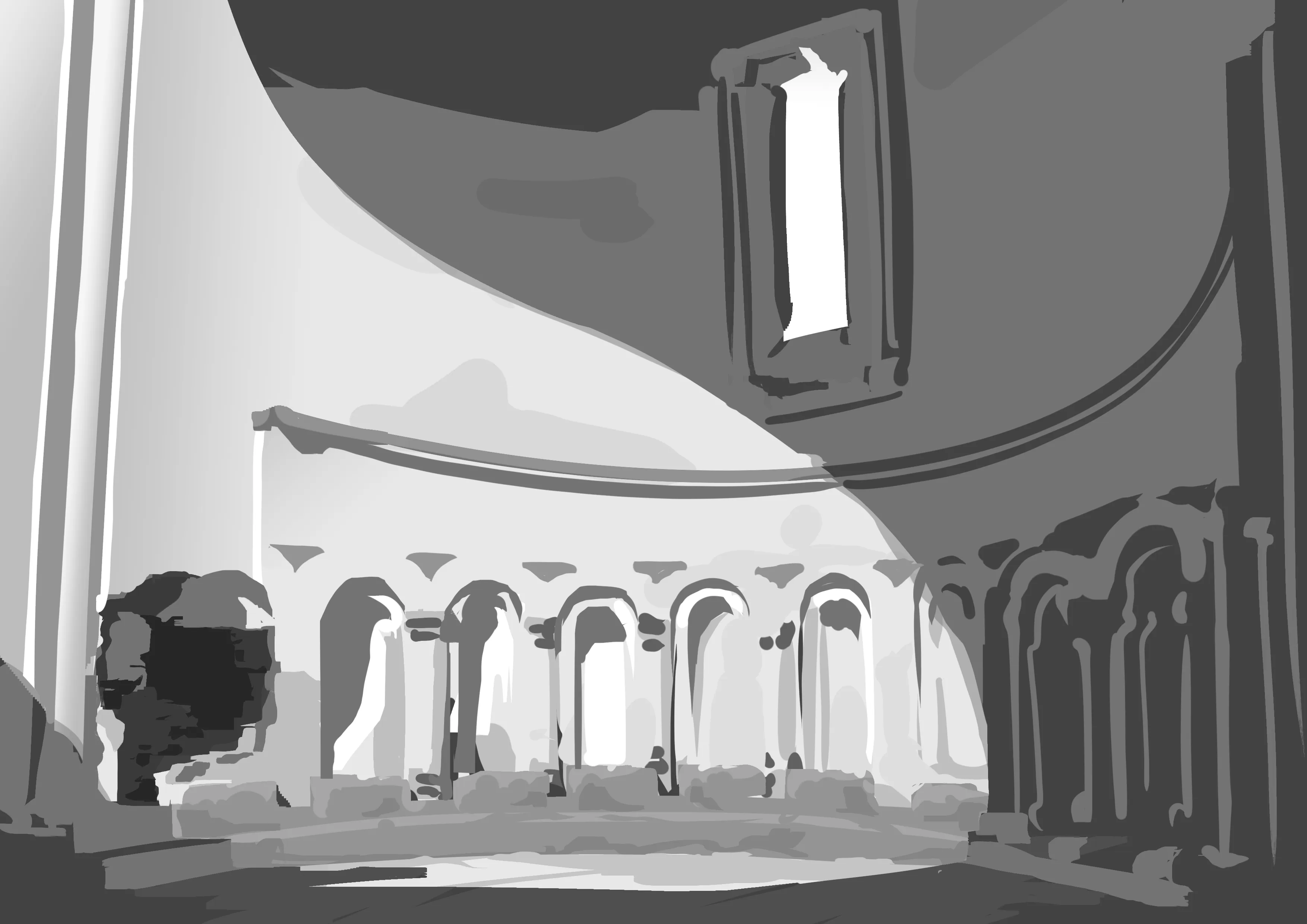 Sunlit rotunda with arches, grayscale value study by mariku